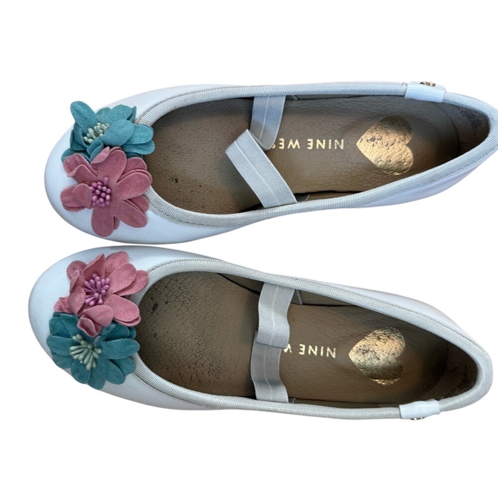 Nine West Kids White Floral Mary Jane Ballet Flats 3D Floral Girls Size Youth 1